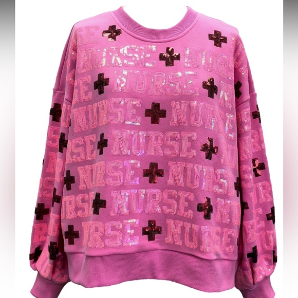 QUEEN OF SPARKLES Pink Sequin NURSE Allover Sweatshirt NWT - Picture 3 of 13
